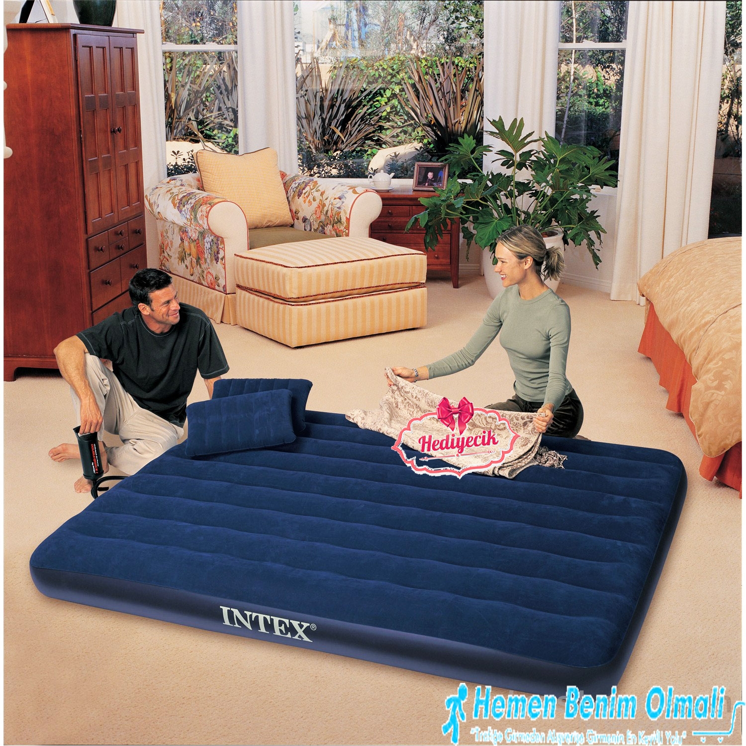 Intex Cift Kisilik Sisme Tek Katli Pompali Ve Yastikli Sisme Yatak 203 X 152 Cm